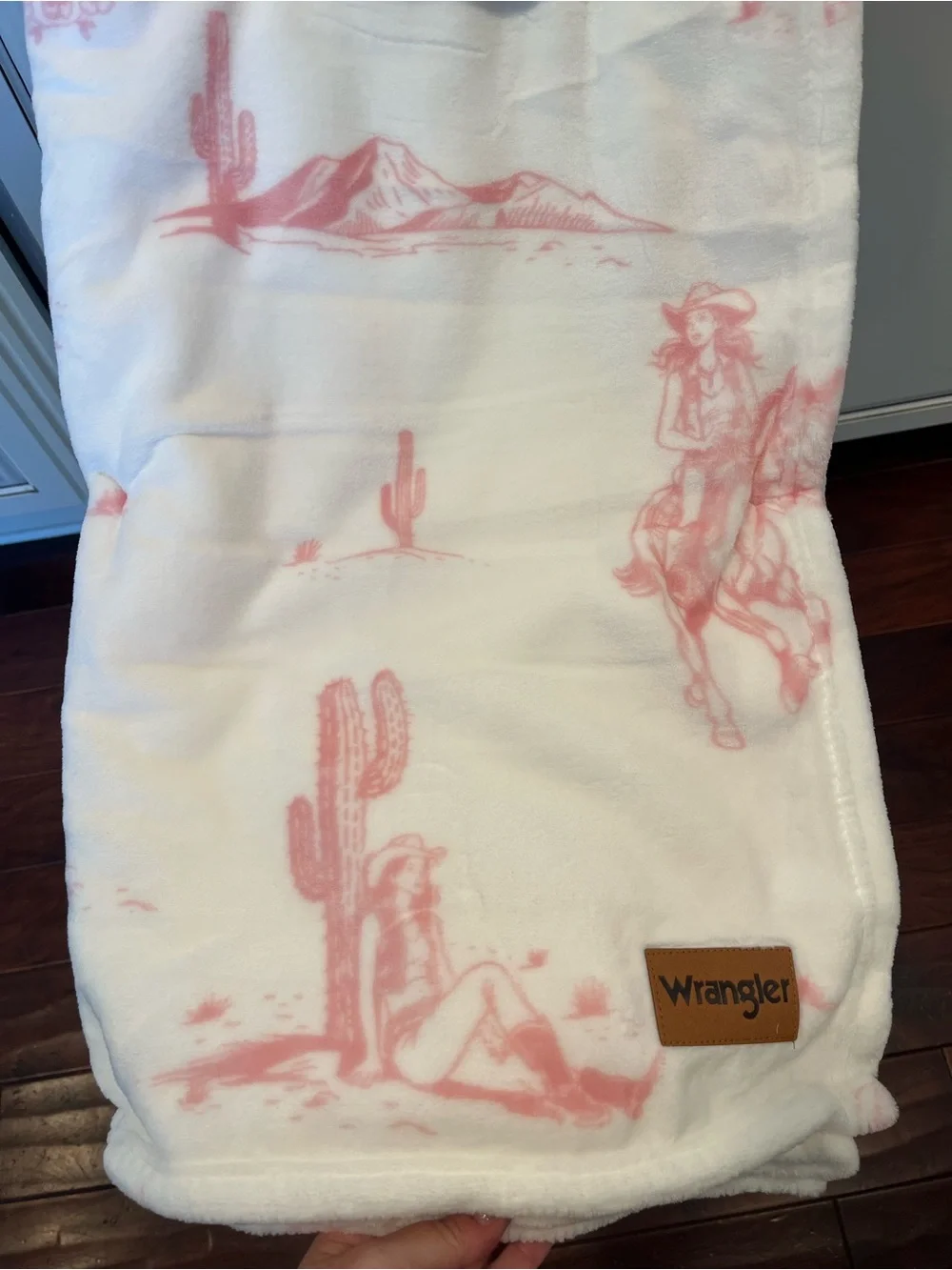 Wrangler Oversized Plush Throw Blanket - White with Pink Cactus Cowgirl Print